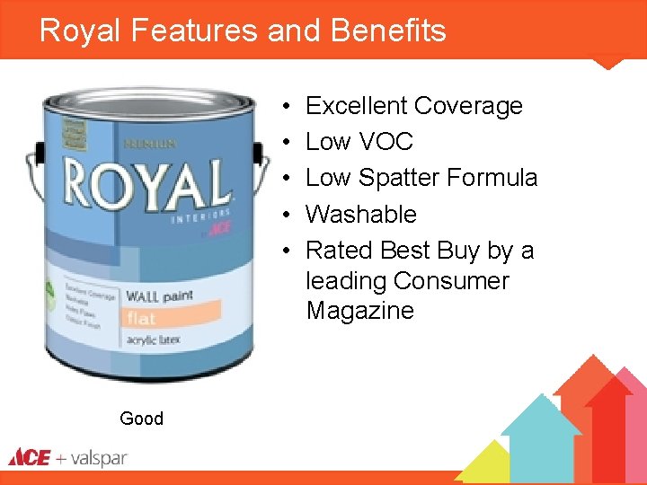 Royal Features and Benefits • • • Good Excellent Coverage Low VOC Low Spatter