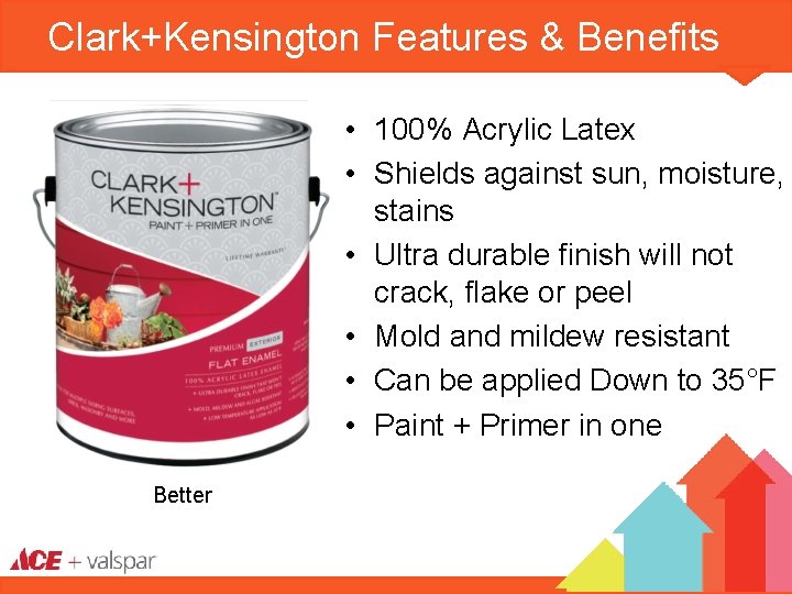 Clark+Kensington Features & Benefits • 100% Acrylic Latex • Shields against sun, moisture, stains