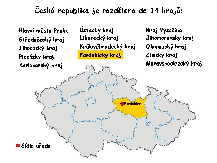 Česká republika je rozdělena do 14 krajů: Hlavní město Praha Středočeský kraj Jihočeský kraj