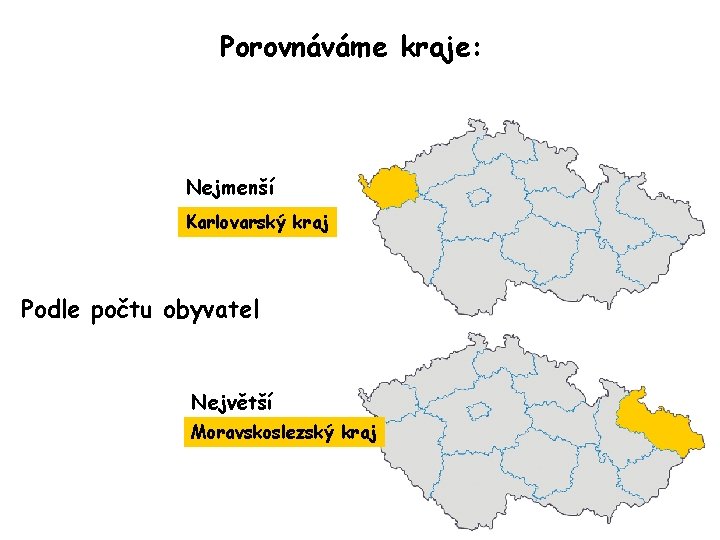 Porovnáváme kraje: Nejmenší Karlovarský kraj Podle počtu obyvatel Největší Moravskoslezský kraj 