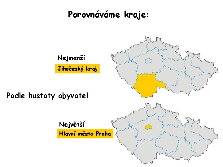 Porovnáváme kraje: Nejmenší Jihočeský kraj Podle hustoty obyvatel Největší Hlavní město Praha 