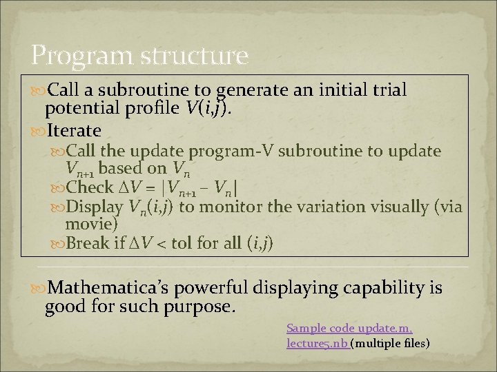 Program structure Call a subroutine to generate an initial trial potential profile V(i, j).