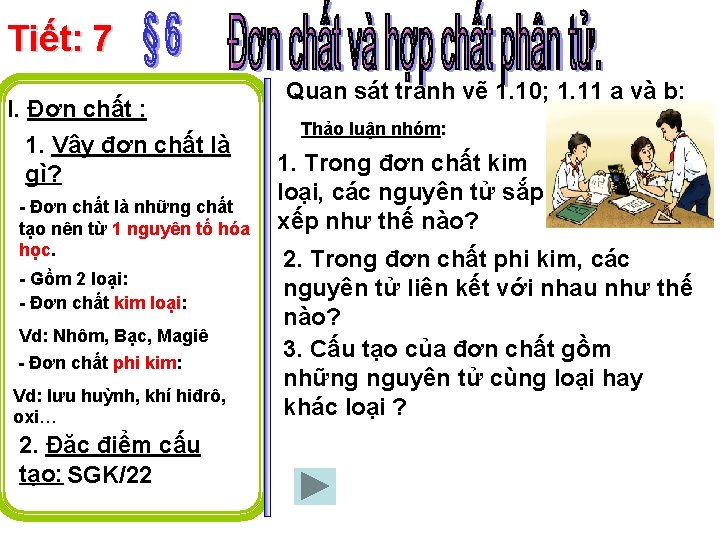 Tiết: 7 I. Đơn chất : 1. Vậy đơn chất là gì? - Đơn