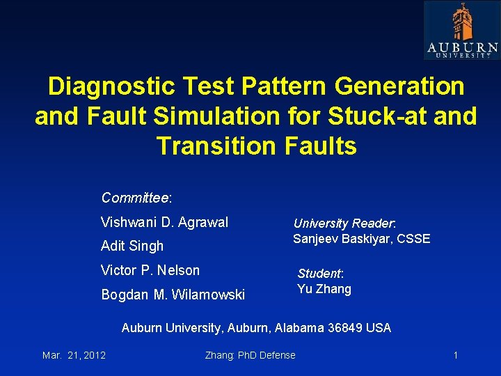 Diagnostic Test Pattern Generation and Fault Simulation for Stuck-at and Transition Faults Committee: Vishwani