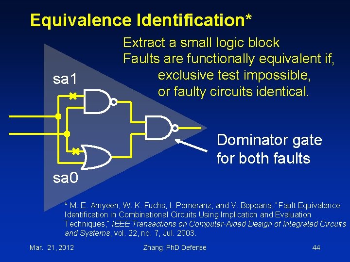 Equivalence Identification* sa 1 Extract a small logic block Faults are functionally equivalent if,