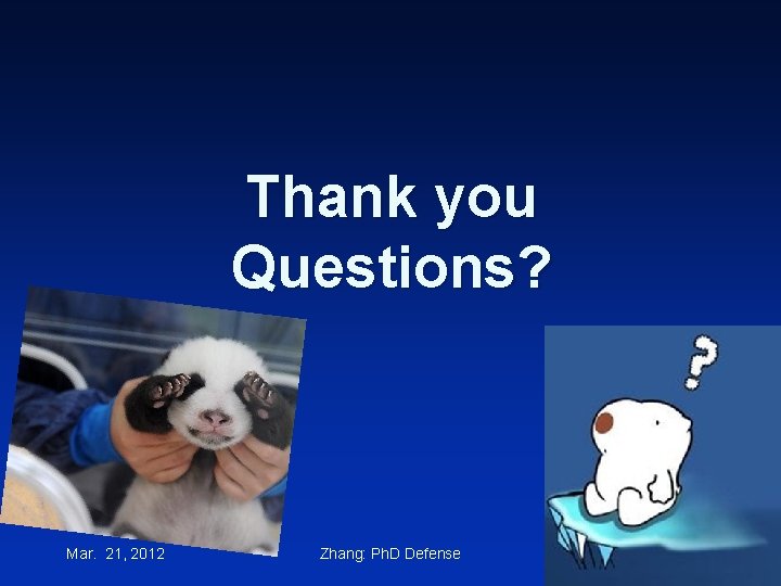 Thank you Questions? Mar. 21, 2012 Zhang: Ph. D Defense 67 