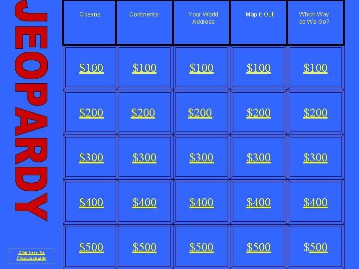 Click here for Final Jeopardy Oceans Continents Your World Address Map it Out! Which