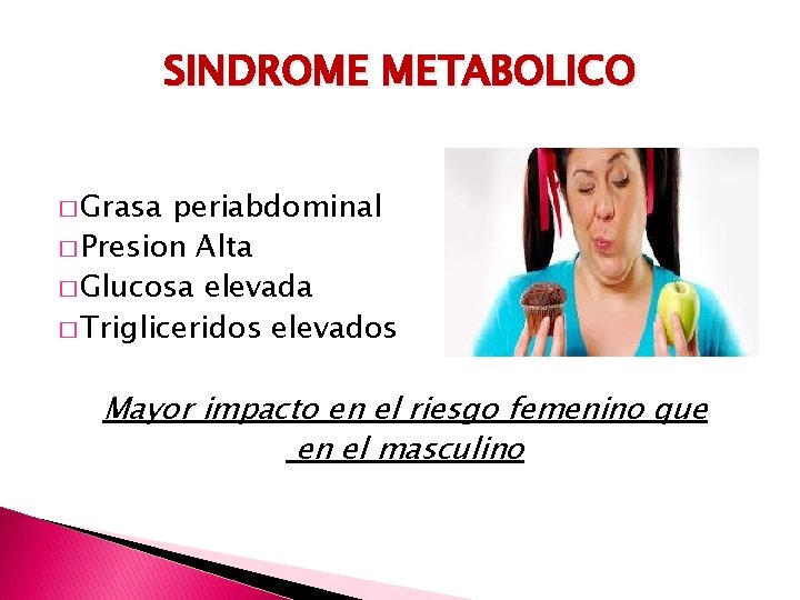 SINDROME METABOLICO � Grasa periabdominal � Presion Alta � Glucosa elevada � Trigliceridos elevados