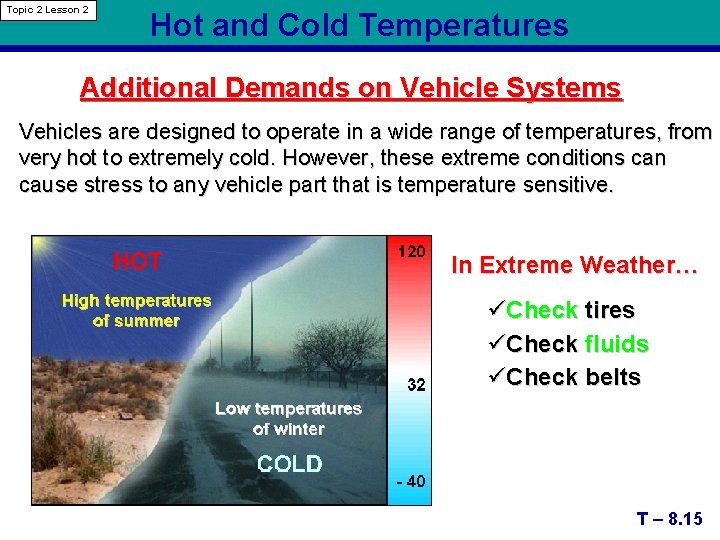 Topic 2 Lesson 2 Hot and Cold Temperatures Additional Demands on Vehicle Systems Vehicles
