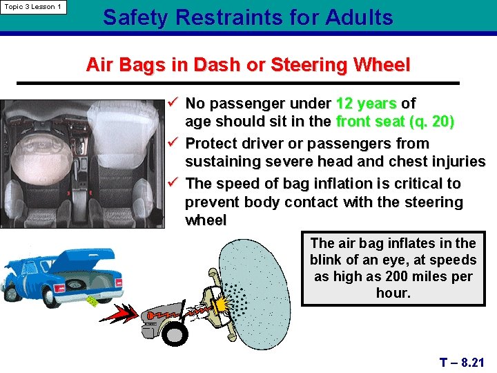 Topic 3 Lesson 1 Safety Restraints for Adults Air Bags in Dash or Steering