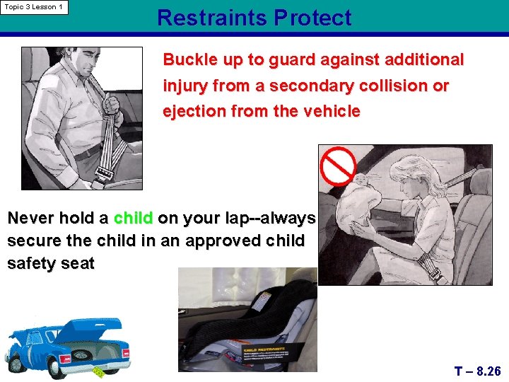 Topic 3 Lesson 1 Restraints Protect Buckle up to guard against additional injury from