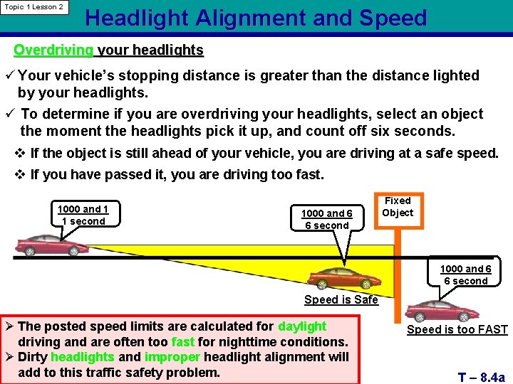Topic 1 Lesson 2 Headlight Alignment and Speed Overdriving your headlights ü Your vehicle’s