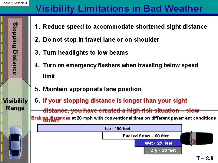 Topic 1 Lesson 3 Visibility Limitations in Bad Weather Stopping Distance 1. Reduce speed