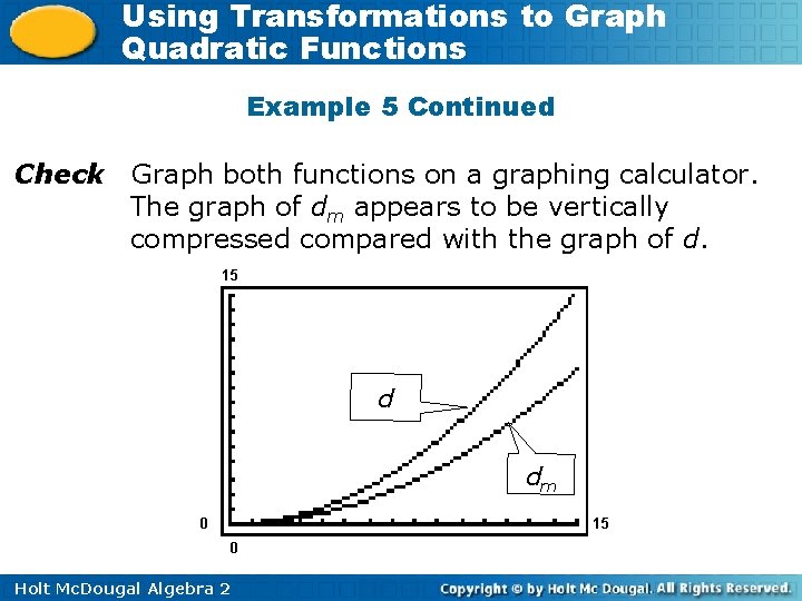 Using Transformations to Graph Quadratic Functions Example 5 Continued Check Graph both functions on