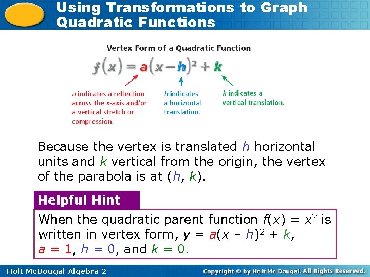 Using Transformations to Graph Quadratic Functions Because the vertex is translated h horizontal units