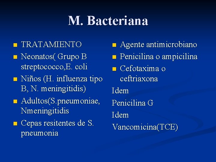M. Bacteriana n n n TRATAMIENTO Neonatos( Grupo B streptococco, E. coli Niños (H.