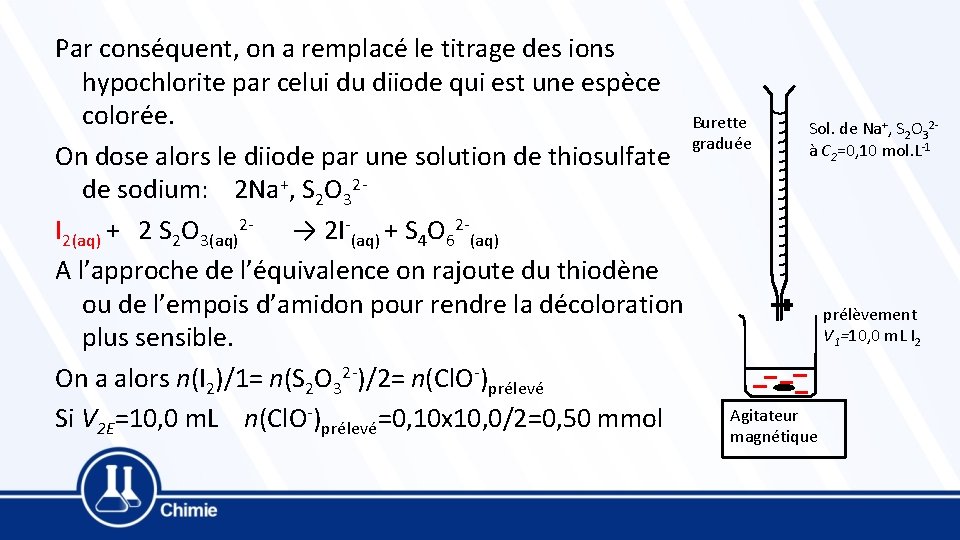 Par conséquent, on a remplacé le titrage des ions hypochlorite par celui du diiode