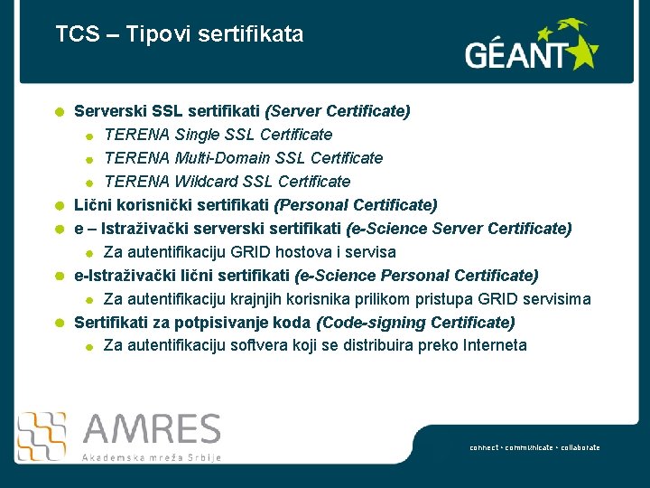 TCS – Tipovi sertifikata Serverski SSL sertifikati (Server Certificate) TERENA Single SSL Certificate TERENA