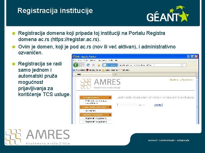 Registracija institucije Registracija domena koji pripada toj instituciji na Portalu Registra domena ac. rs