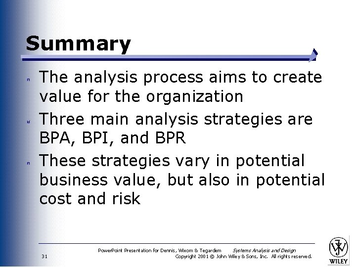 Summary The analysis process aims to create value for the organization Three main analysis
