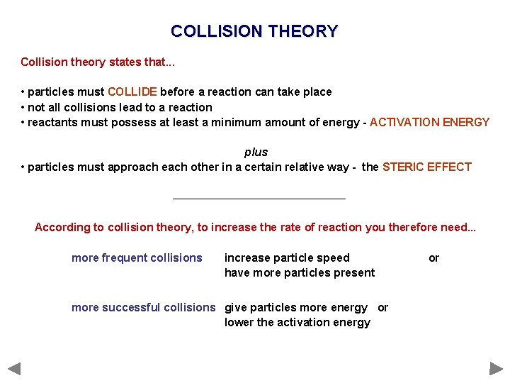 COLLISION THEORY Collision theory states that. . . • particles must COLLIDE before a