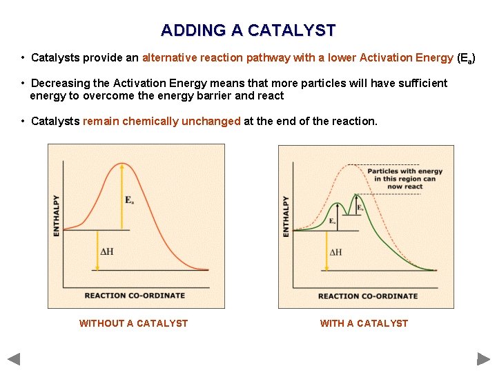 ADDING A CATALYST • Catalysts provide an alternative reaction pathway with a lower Activation