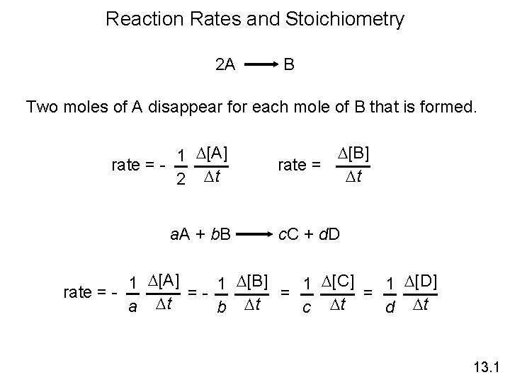 Reaction Rates and Stoichiometry 2 A B Two moles of A disappear for each