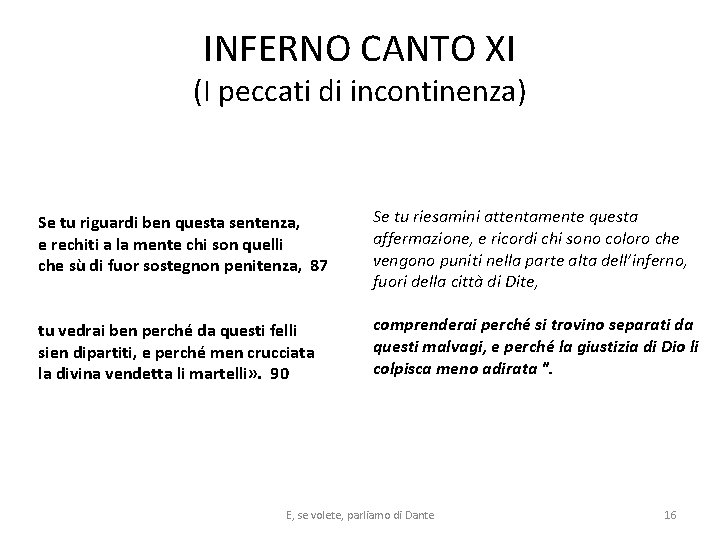INFERNO CANTO XI (I peccati di incontinenza) Se tu riguardi ben questa sentenza, e INFERNO CANTO XI (I peccati di incontinenza) Se tu riguardi ben questa sentenza, e