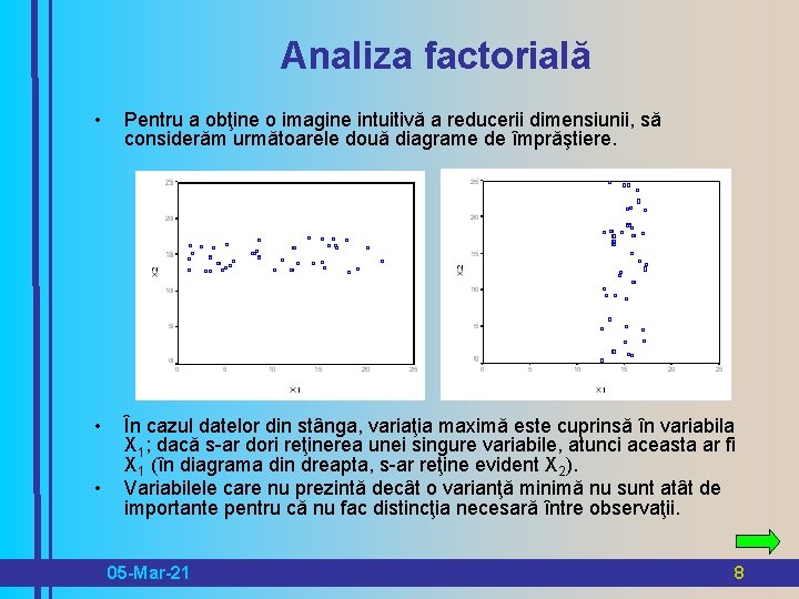 Analiza factorială • Pentru a obţine o imagine intuitivă a reducerii dimensiunii, să considerăm