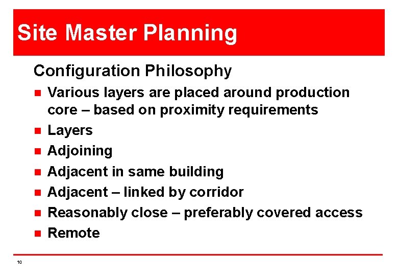 Site Master Planning Configuration Philosophy n n n n 10 Various layers are placed