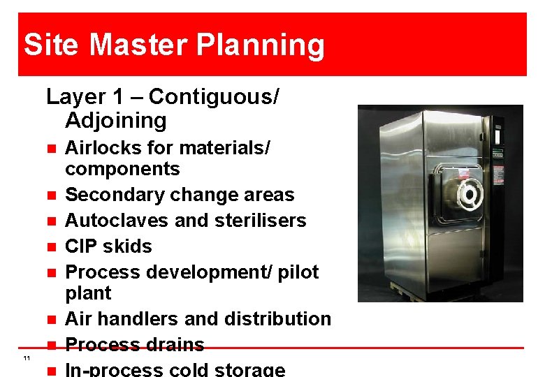 Site Master Planning Layer 1 – Contiguous/ Adjoining n n n n 11 Airlocks