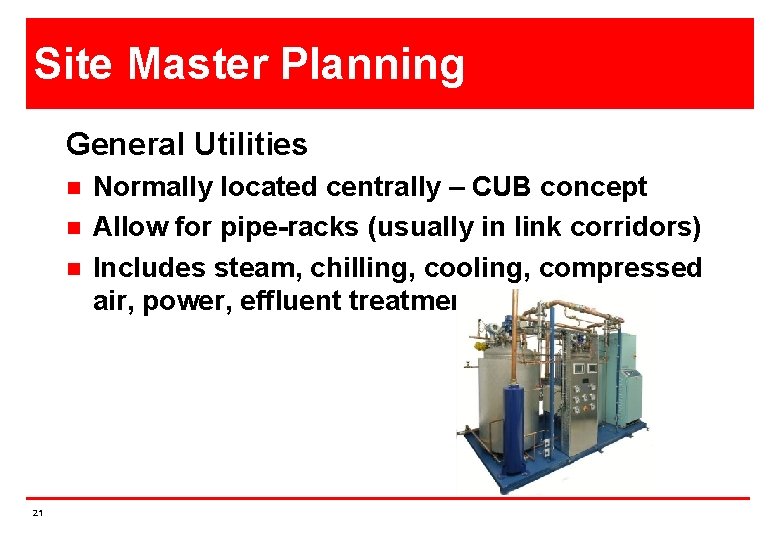 Site Master Planning General Utilities n n n 21 Normally located centrally – CUB