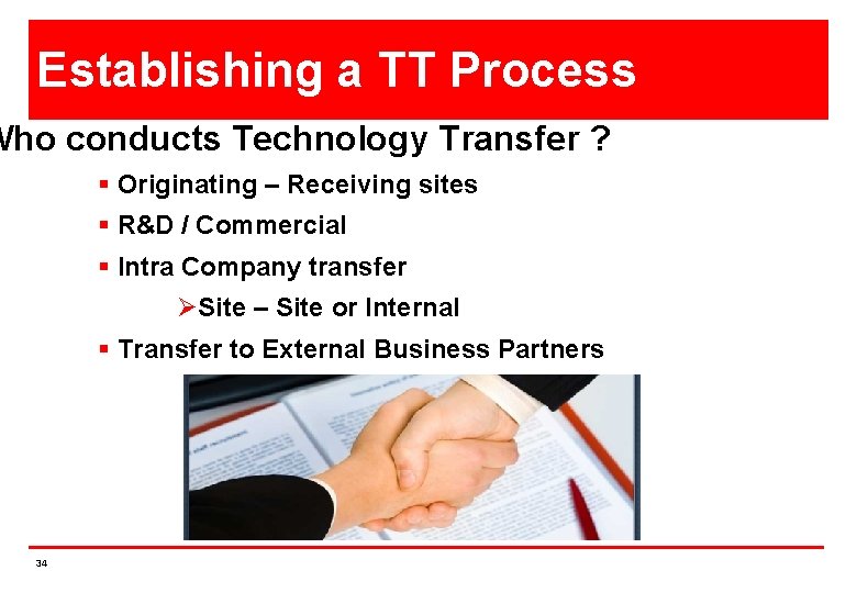 Establishing a TT Process Who conducts Technology Transfer ? § Originating – Receiving sites
