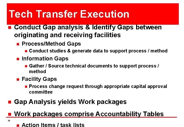 Tech Transfer Execution n Conduct Gap analysis & Identify Gaps between originating and receiving