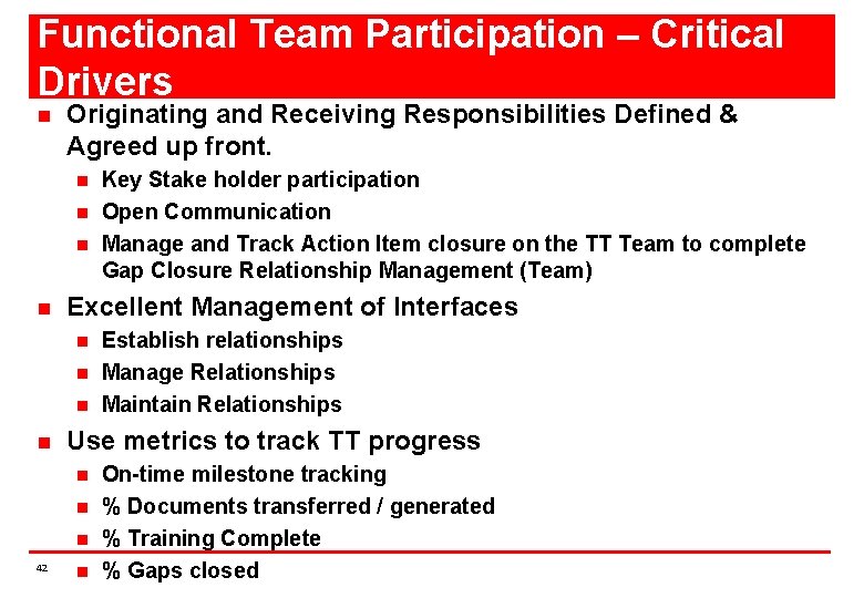 Functional Team Participation – Critical Drivers n Originating and Receiving Responsibilities Defined & Agreed