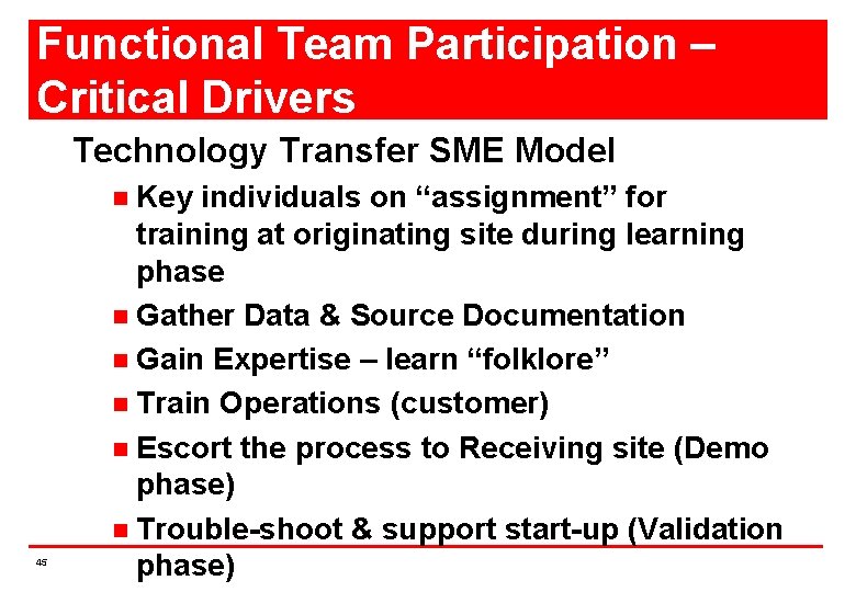 Functional Team Participation – Critical Drivers Technology Transfer SME Model Key individuals on “assignment”