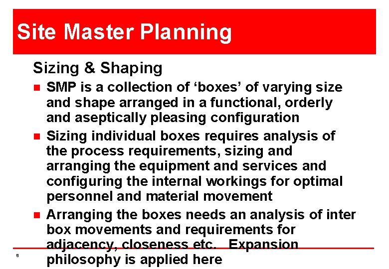 Site Master Planning Sizing & Shaping n n n 8 SMP is a collection