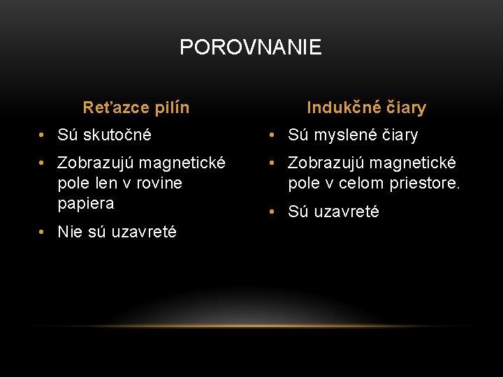 POROVNANIE Reťazce pilín Indukčné čiary • Sú skutočné • Sú myslené čiary • Zobrazujú