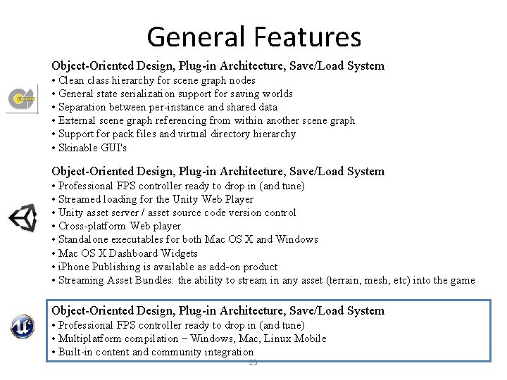 General Features Object-Oriented Design, Plug-in Architecture, Save/Load System • Clean class hierarchy for scene