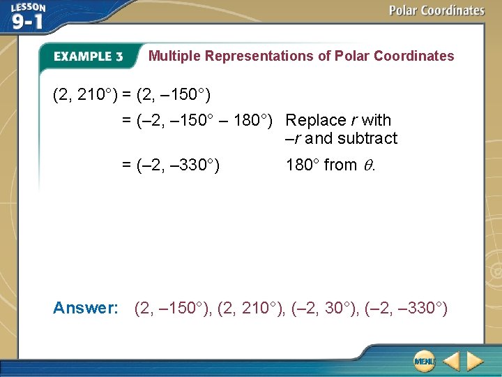 Multiple Representations of Polar Coordinates (2, 210°) = (2, – 150°) = (– 2,