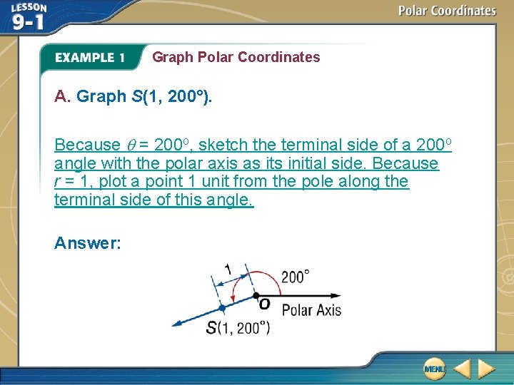 Graph Polar Coordinates A. Graph S(1, 200°). Because = 200 o, sketch the terminal