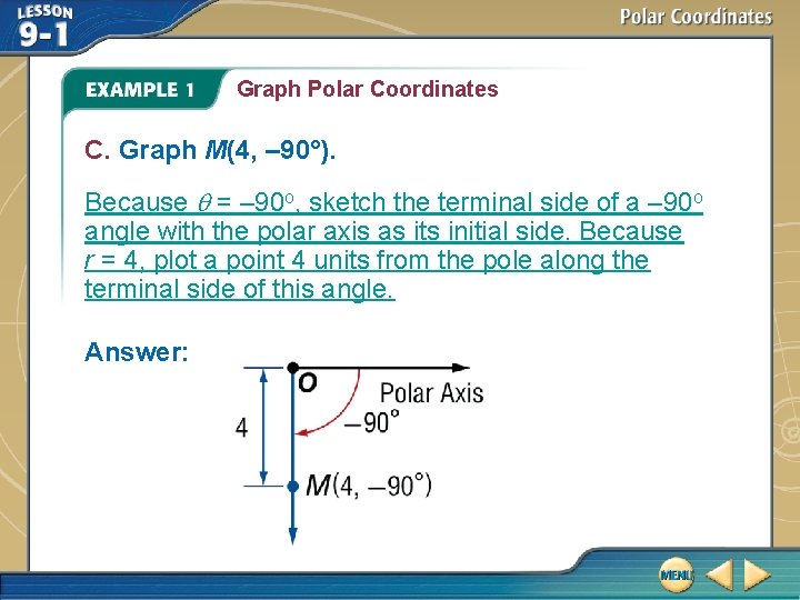 Graph Polar Coordinates C. Graph M(4, – 90°). Because = – 90 o, sketch