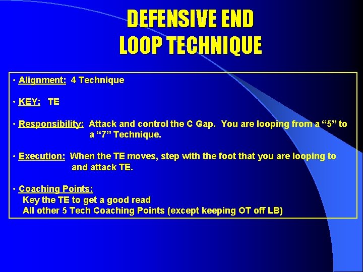 DEFENSIVE END LOOP TECHNIQUE • Alignment: 4 Technique • KEY: TE • Responsibility: Attack