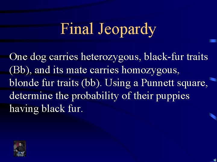 Final Jeopardy One dog carries heterozygous, black-fur traits (Bb), and its mate carries homozygous,