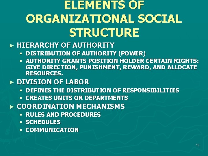 ELEMENTS OF ORGANIZATIONAL SOCIAL STRUCTURE ► HIERARCHY OF AUTHORITY § DISTRIBUTION OF AUTHORITY (POWER)