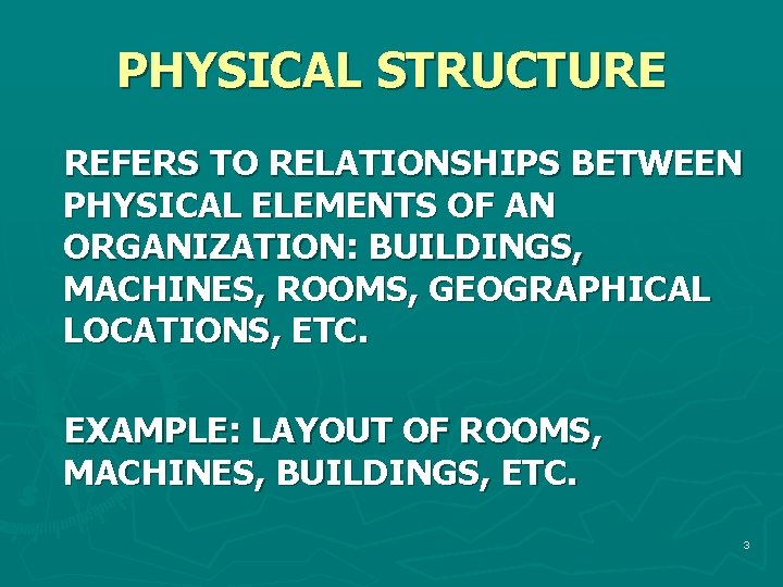 PHYSICAL STRUCTURE REFERS TO RELATIONSHIPS BETWEEN PHYSICAL ELEMENTS OF AN ORGANIZATION: BUILDINGS, MACHINES, ROOMS,