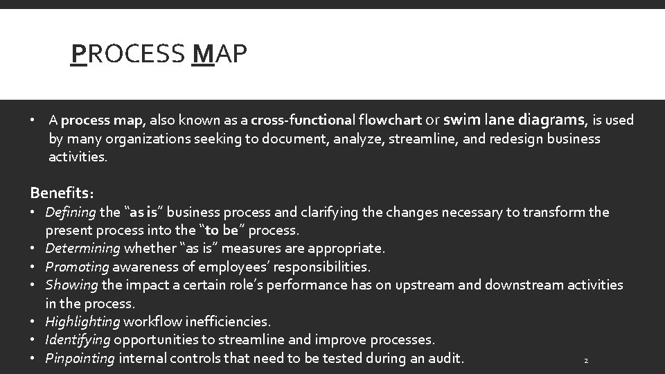 PROCESS MAP • A process map, also known as a cross-functional flowchart or swim