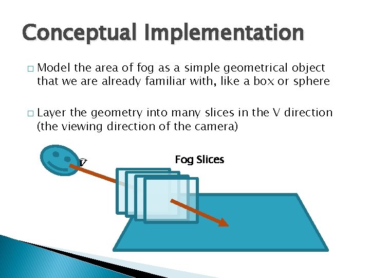 Conceptual Implementation � � Model the area of fog as a simple geometrical object