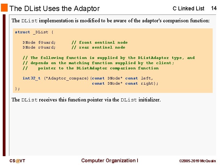 The DList Uses the Adaptor C Linked List 14 The DList implementation is modified