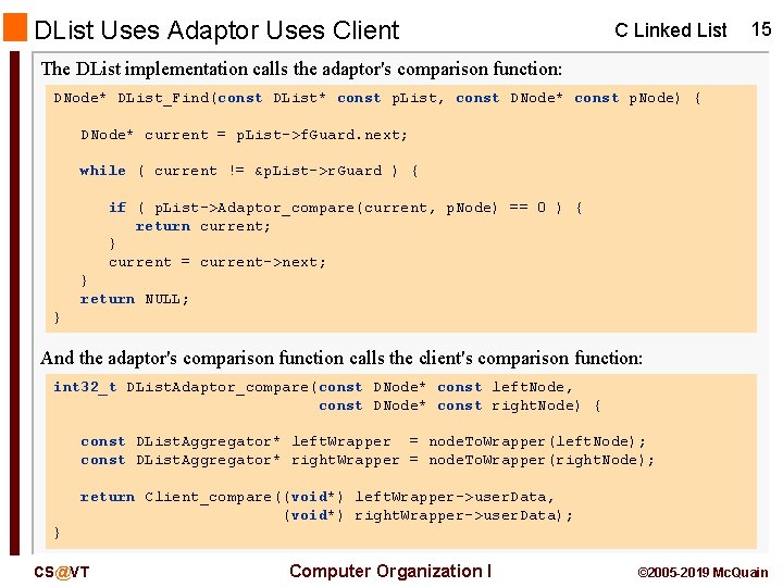 DList Uses Adaptor Uses Client C Linked List 15 The DList implementation calls the